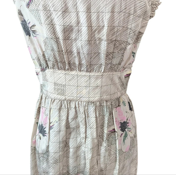 Re: Sound 100% SILK Floral Print Neutral Ruffle Mini V-Neck Blouson Dress Size S - Picture 6 of 12
